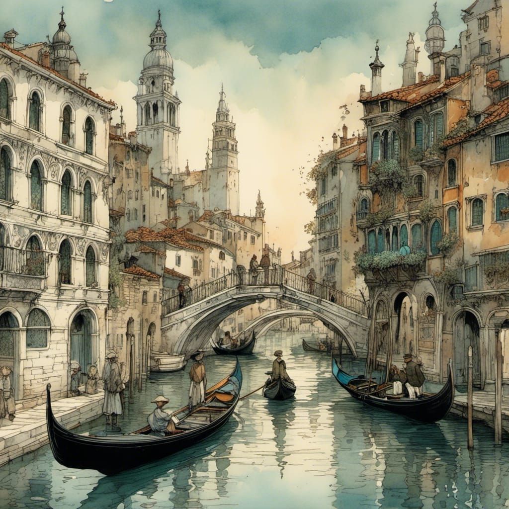 Venice Canal at Night in Watercolor Style
