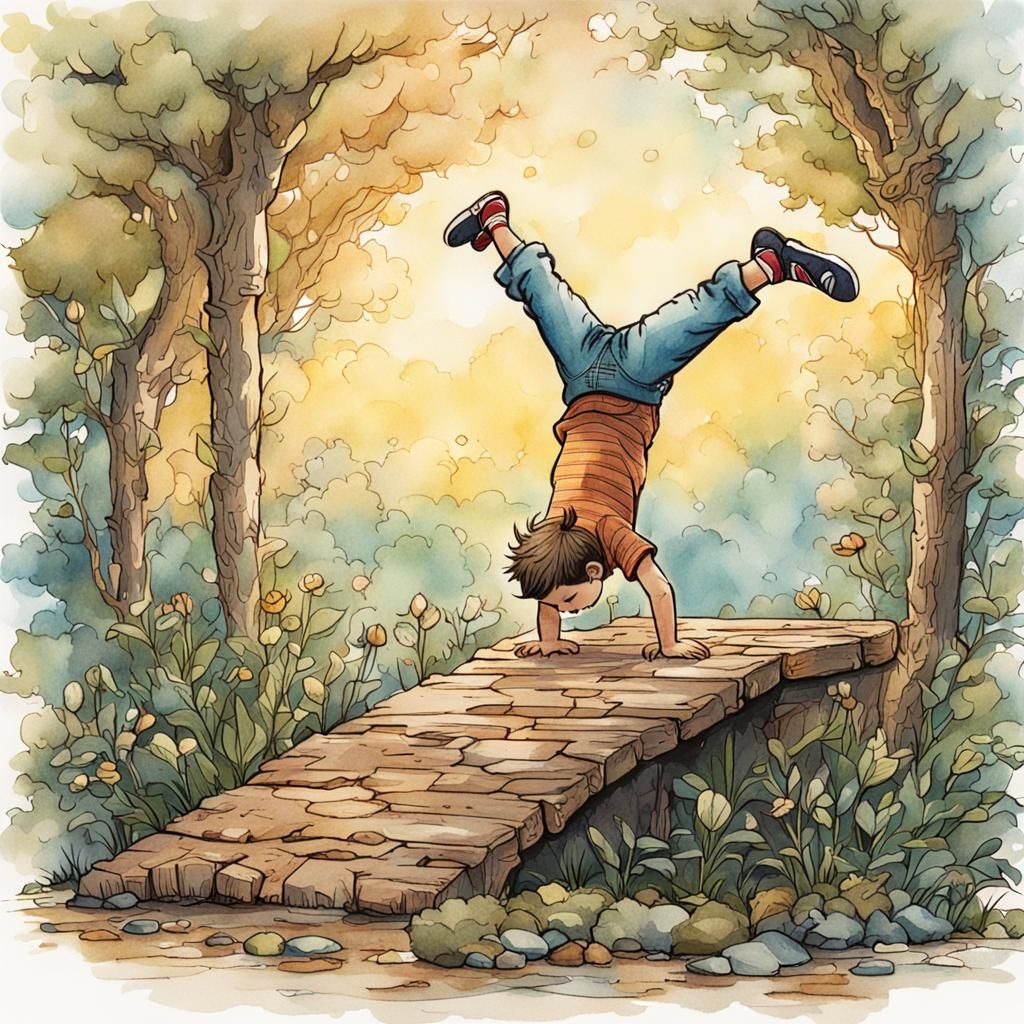 Child's Handstand: Ink and Watercolor Illustration