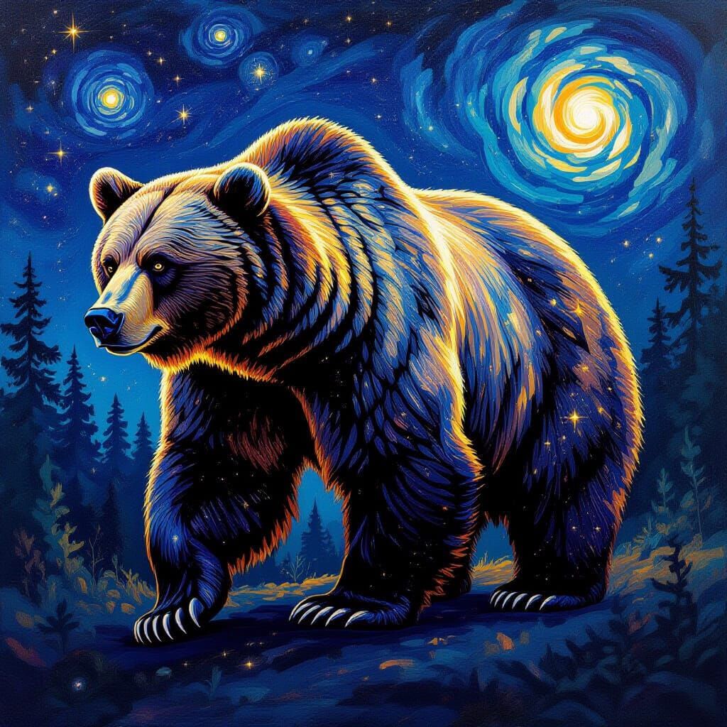 Celestial Grizzly Bear in Post-Impressionist Style