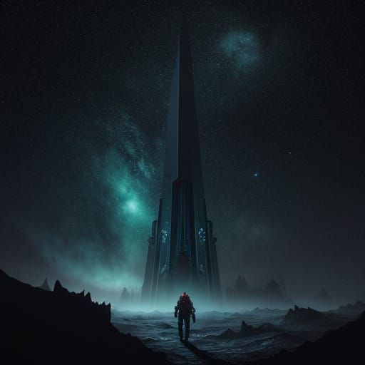 Astronaut and Emerald Galaxy in Cosmic Horror Art