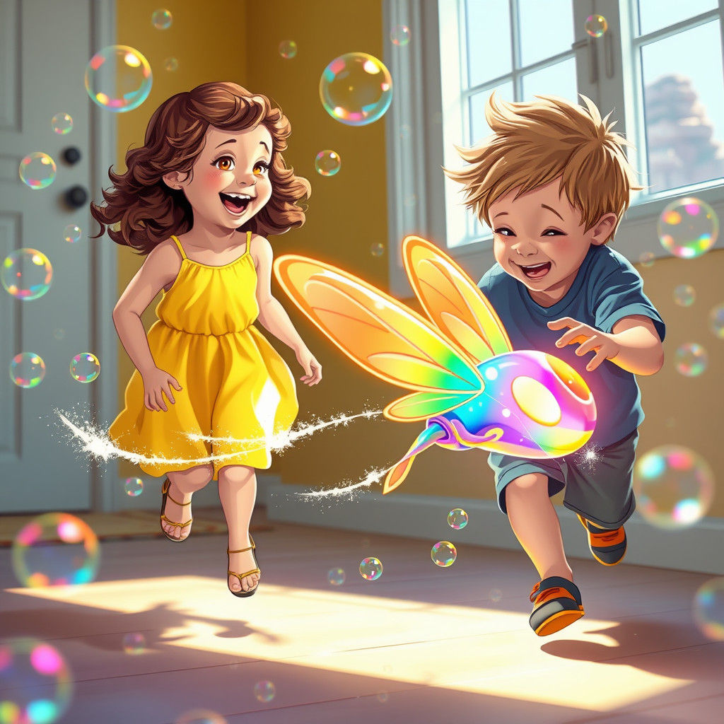 Children Chase Iridescent Fairy Toy in Dreamlike Pop Surreal...