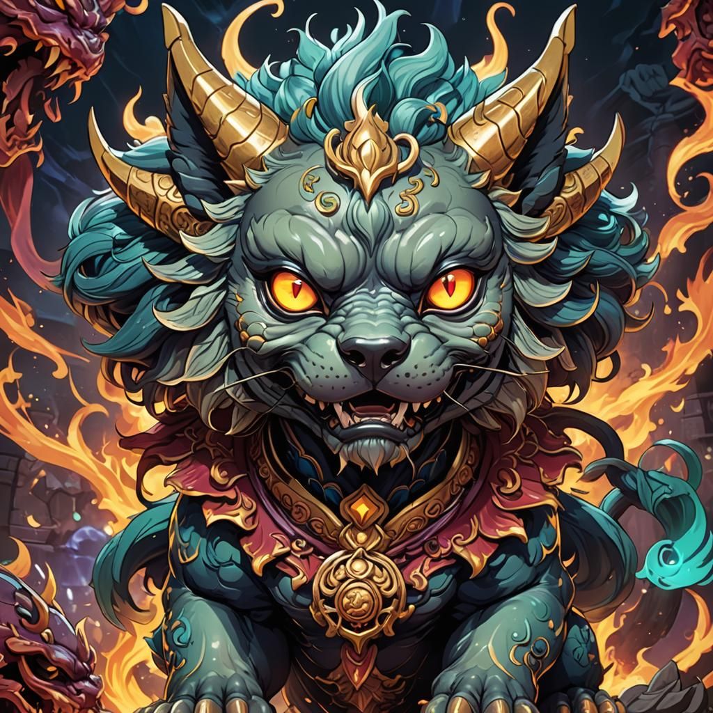 Anime Demonic Foo Dog in Mystical Realm