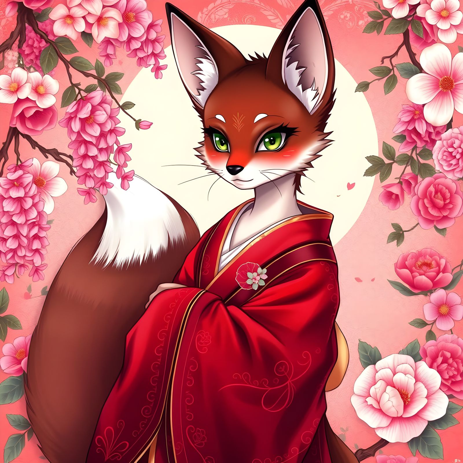 Magical Kitsune in Elegant Kimono with Floral Background