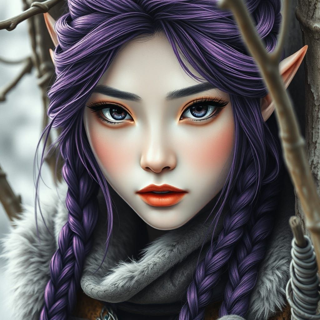 Medieval Asian Elf Ranger in Charcoal-Inspired Portrait