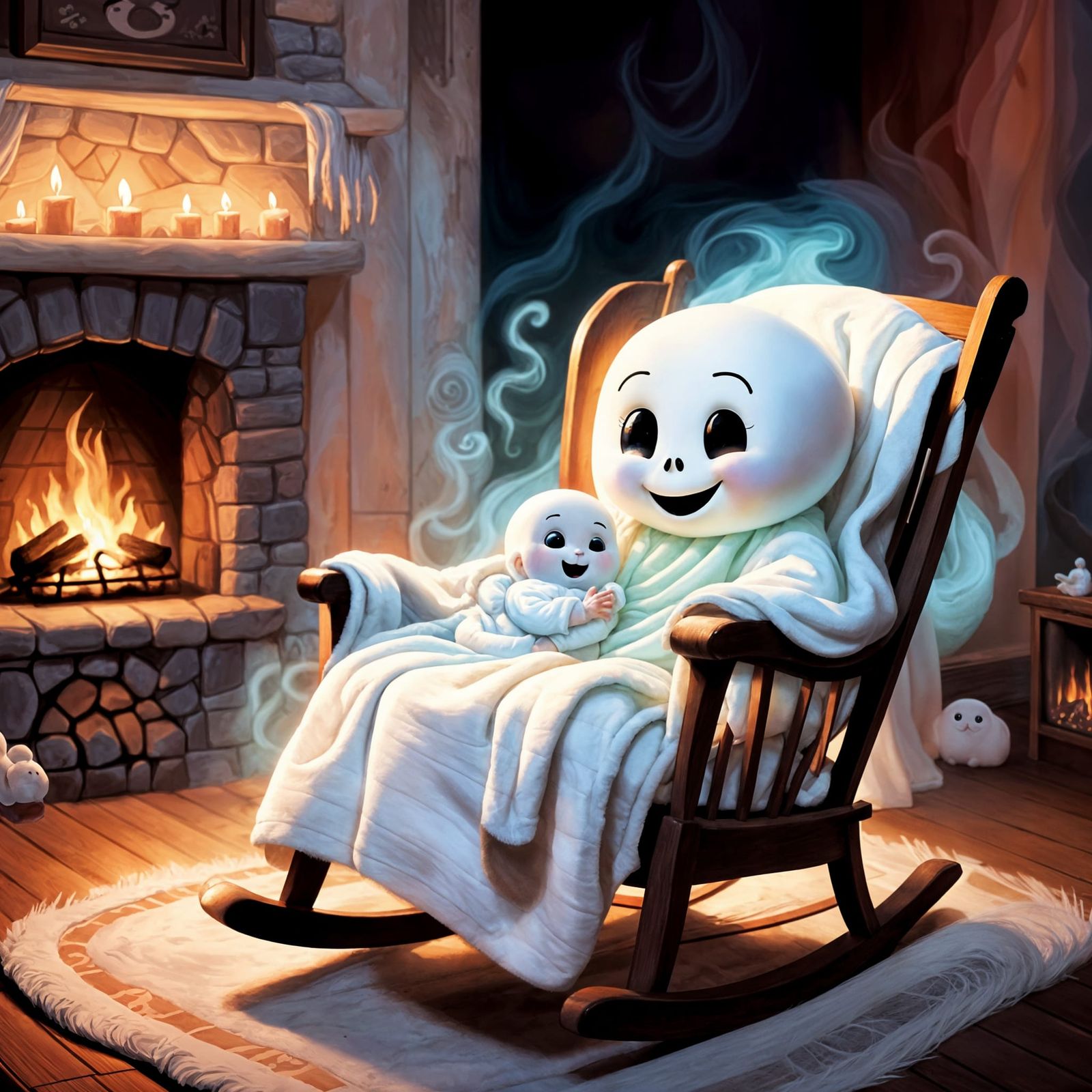 Cute Ghost Dad Comforts Baby by Fireplace