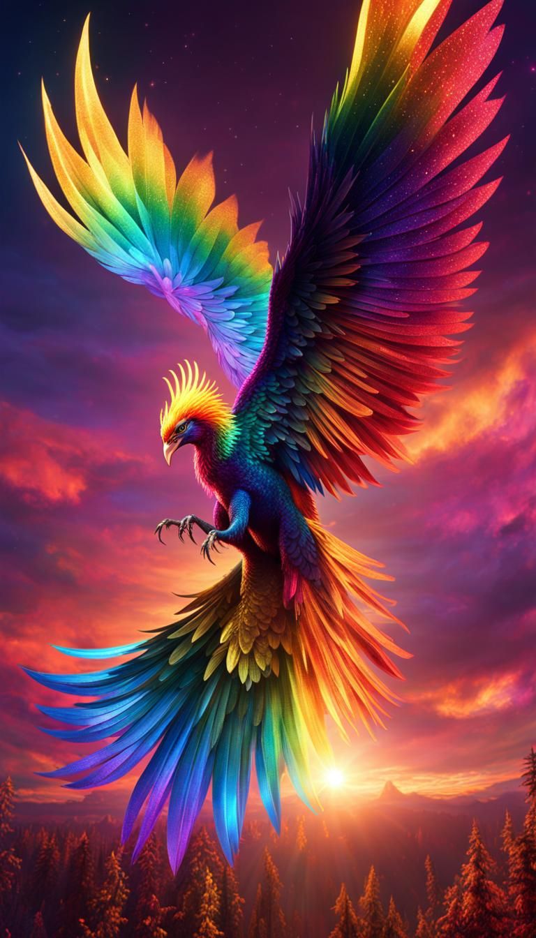 Rainbow Glitter Phoenix Rising: Hyperrealistic Unreal Engine...