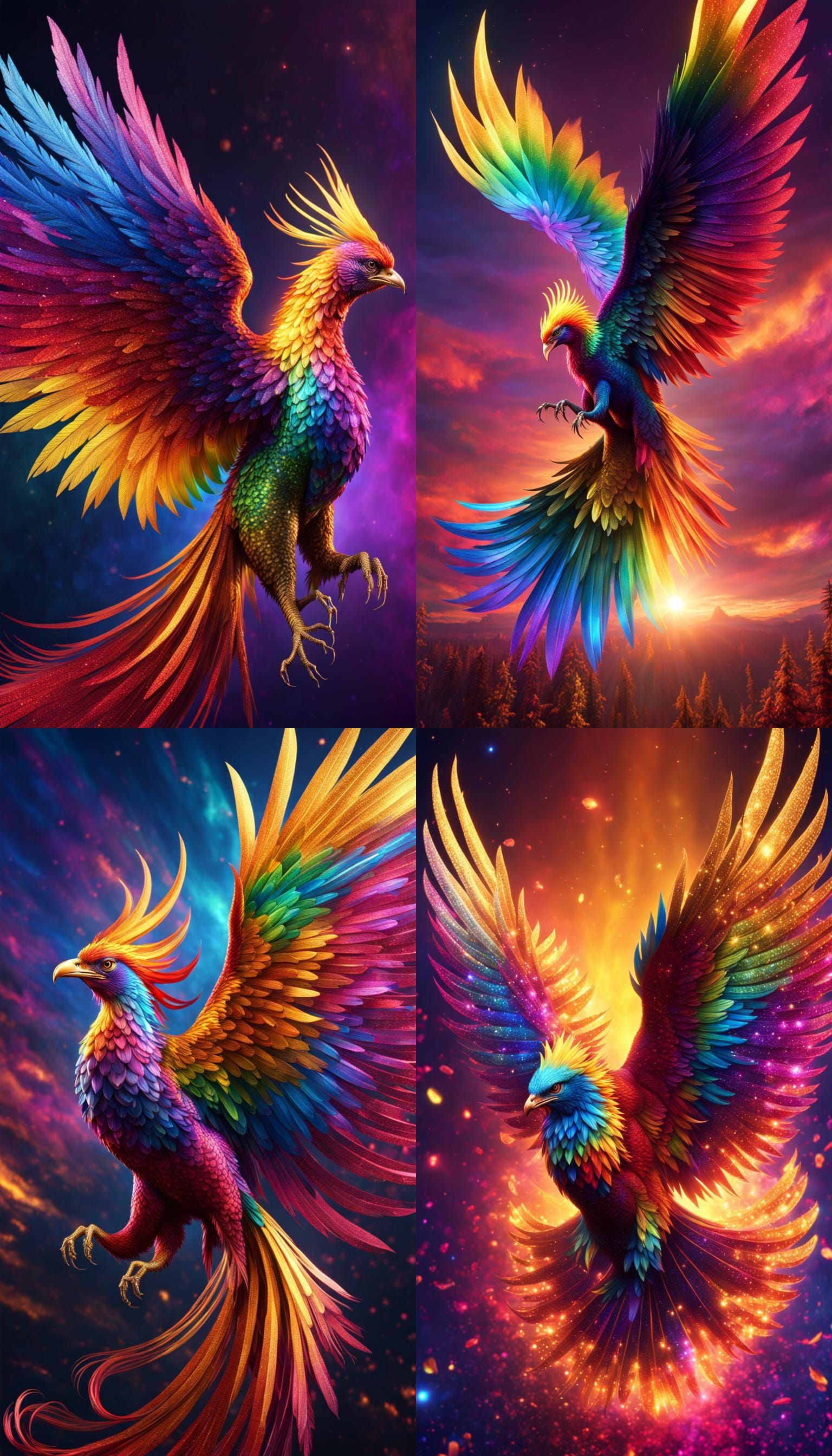 Rainbow Glitter Phoenix Rising in a Hyperrealistic Style