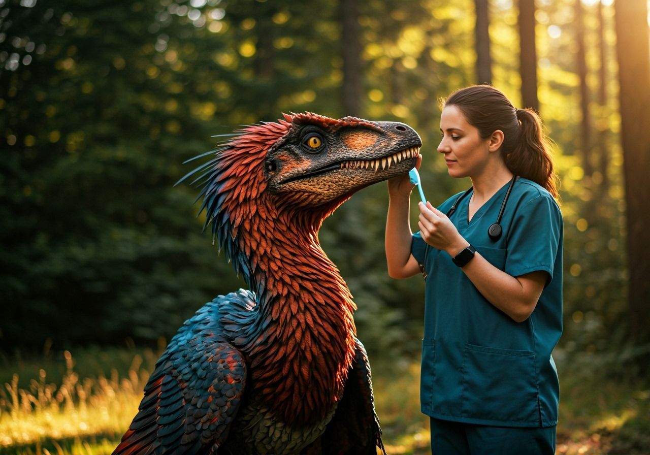 Veterinarian Brushing Utahraptor's Teeth in Glade