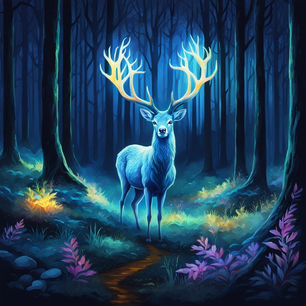 Mystical Deer in Forest: Vibrant Oil Painting