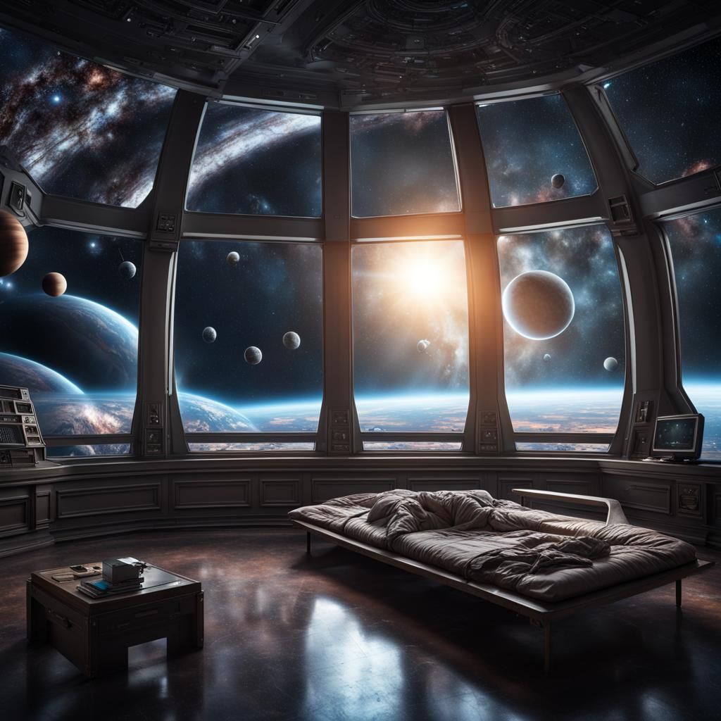 Hyperrealistic Spaceship Window View of Stars and Planets