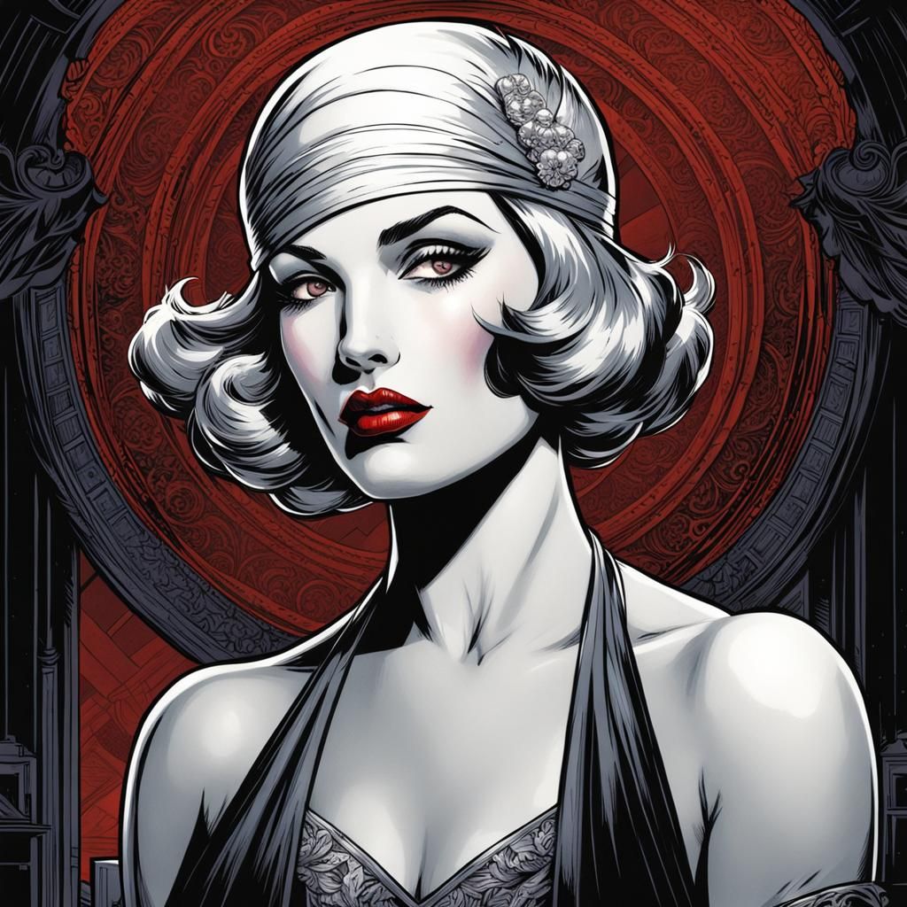 Roaring 20s Woman with Red Lipstick in Comic Art Style