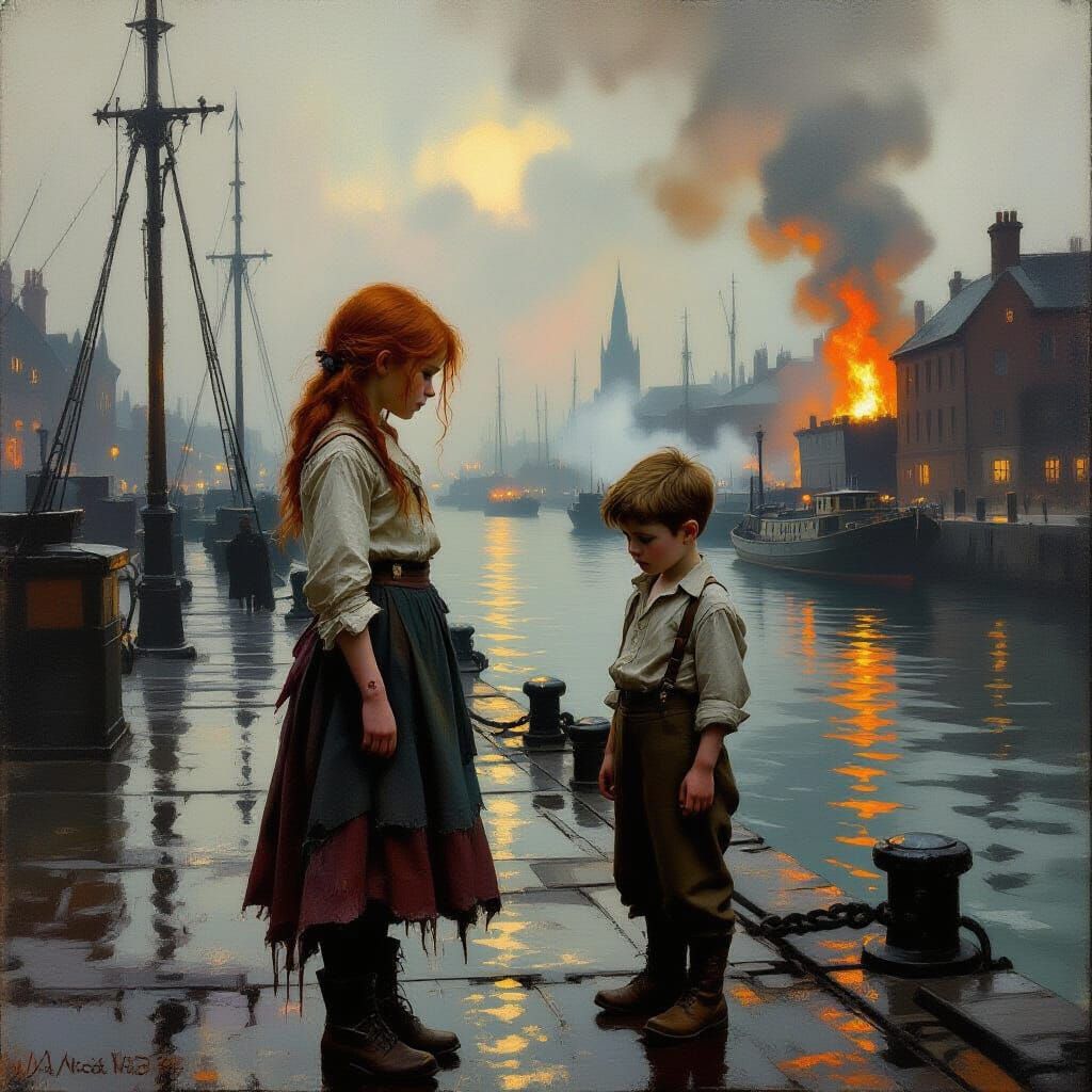 Children by Warehouse Fire, Impressionist Style
