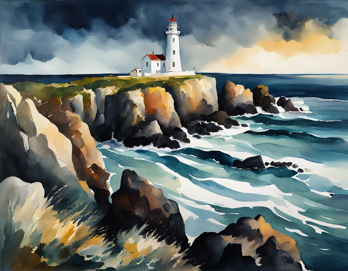 White Lighthouse in Loose Watercolor Style