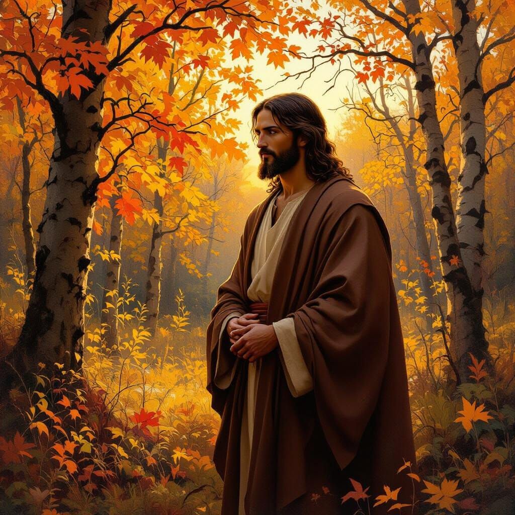 Jesus in Autumn Forest: Romantic Landscape