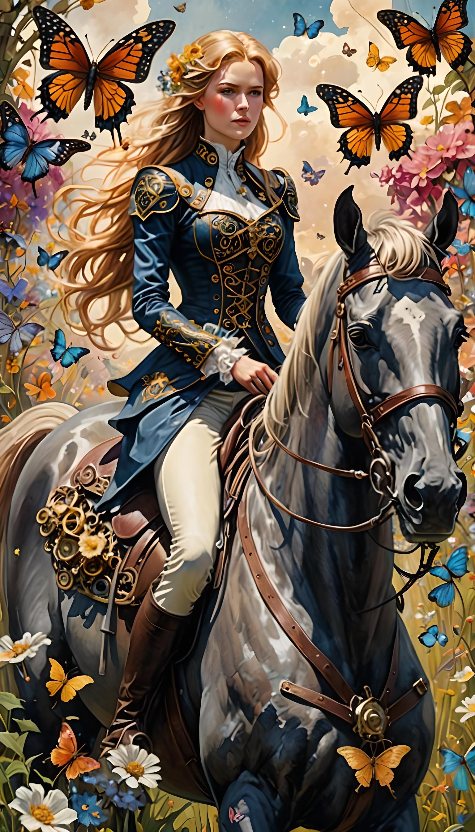 The silhouette of a horsewoman  with butterflies in a flower...