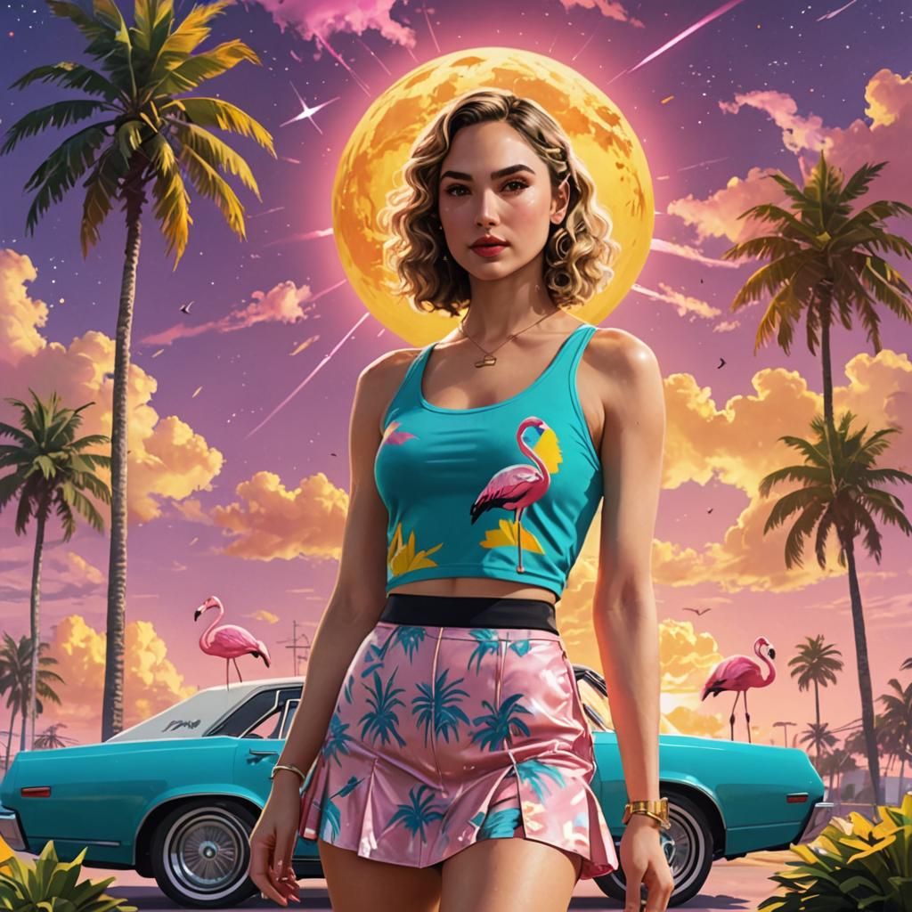 Retro Wave Gal Gadot with GTA Vice City Colors