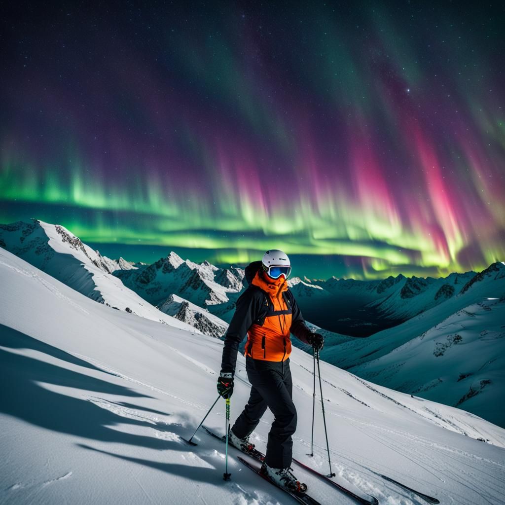 Night Skiing Under Northern Lights Display
