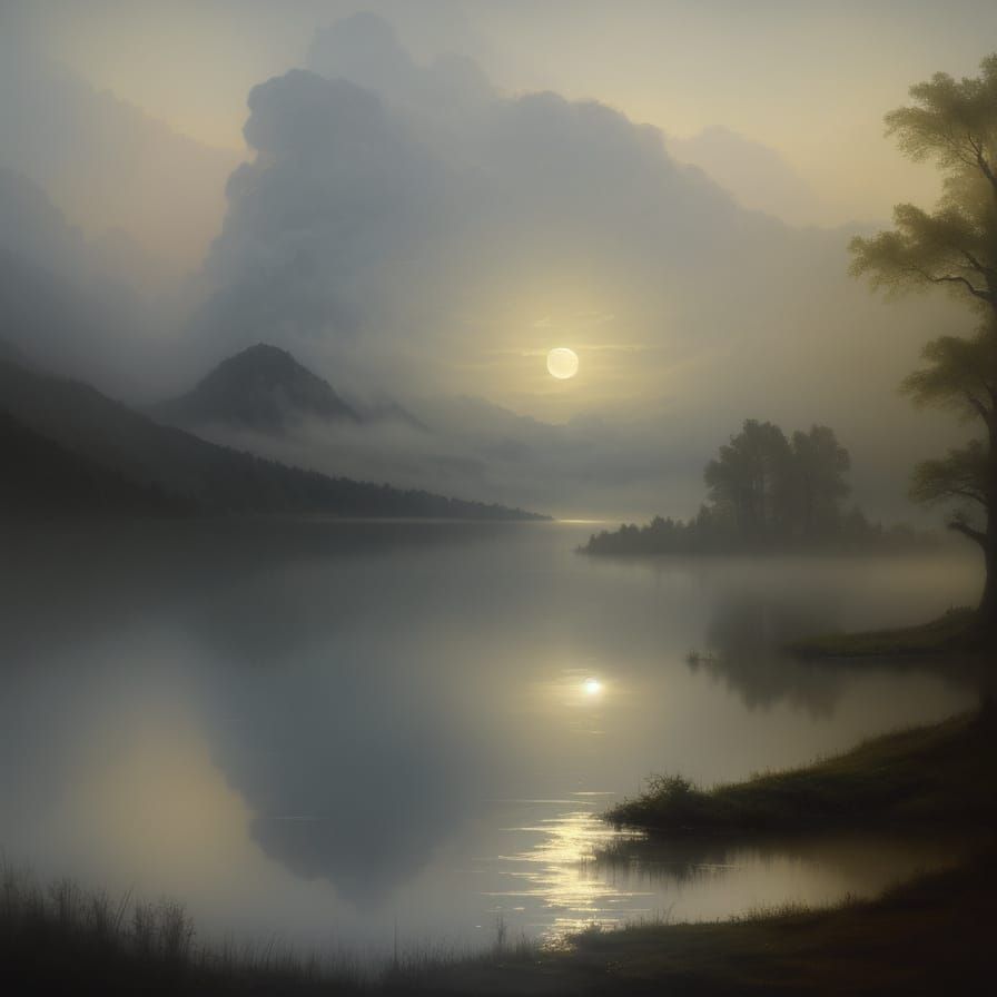 Misty Moonlit Lake Landscape in Romantic Style