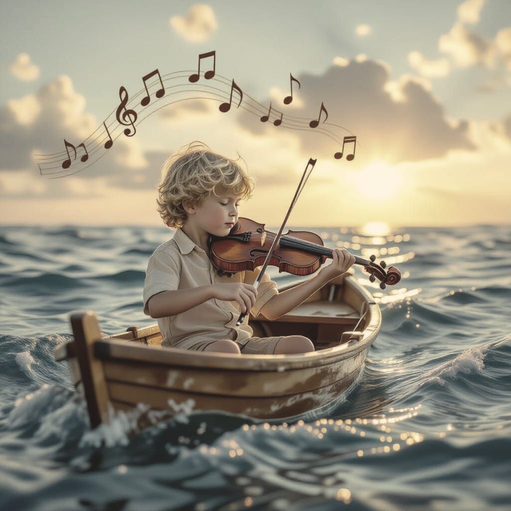 Boy Plays Violin on Hovering Boat Amidst Sea Waves and Music...