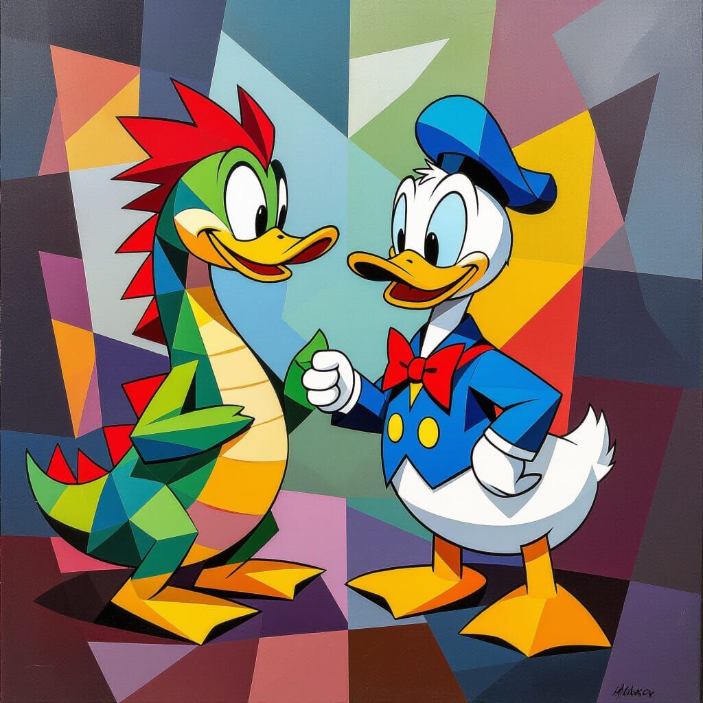 Dragon and Donald Duck in Cubist Landscape