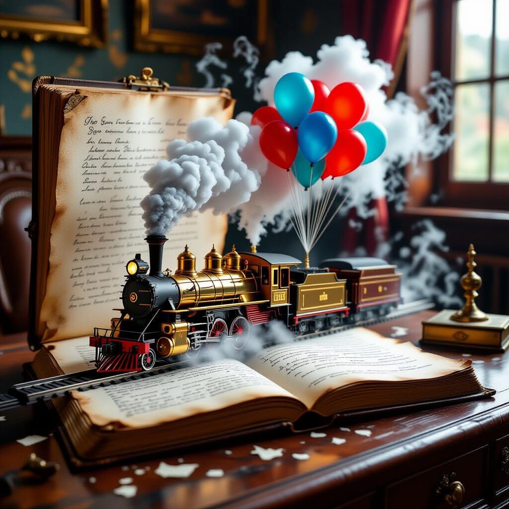 Steam Train Emerges from Torn Notebook in Concept Art Style