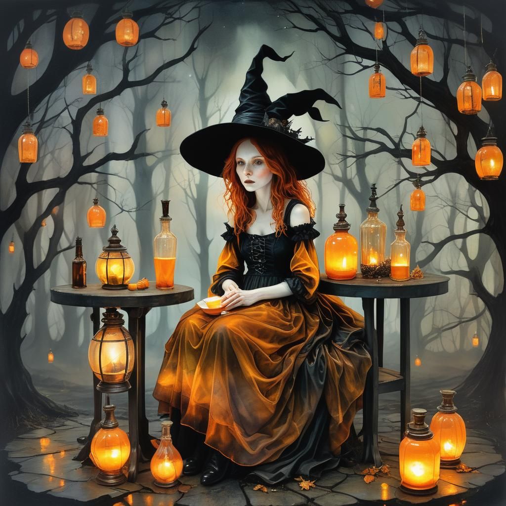 (Double exposure:2.0) Content witch sitting orange bar lante...