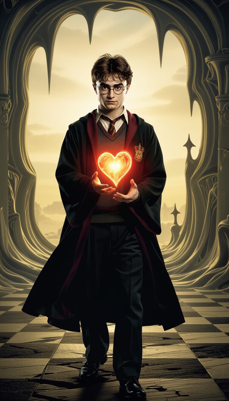 Harry Potter with a Glowing Heart in Surreal Style