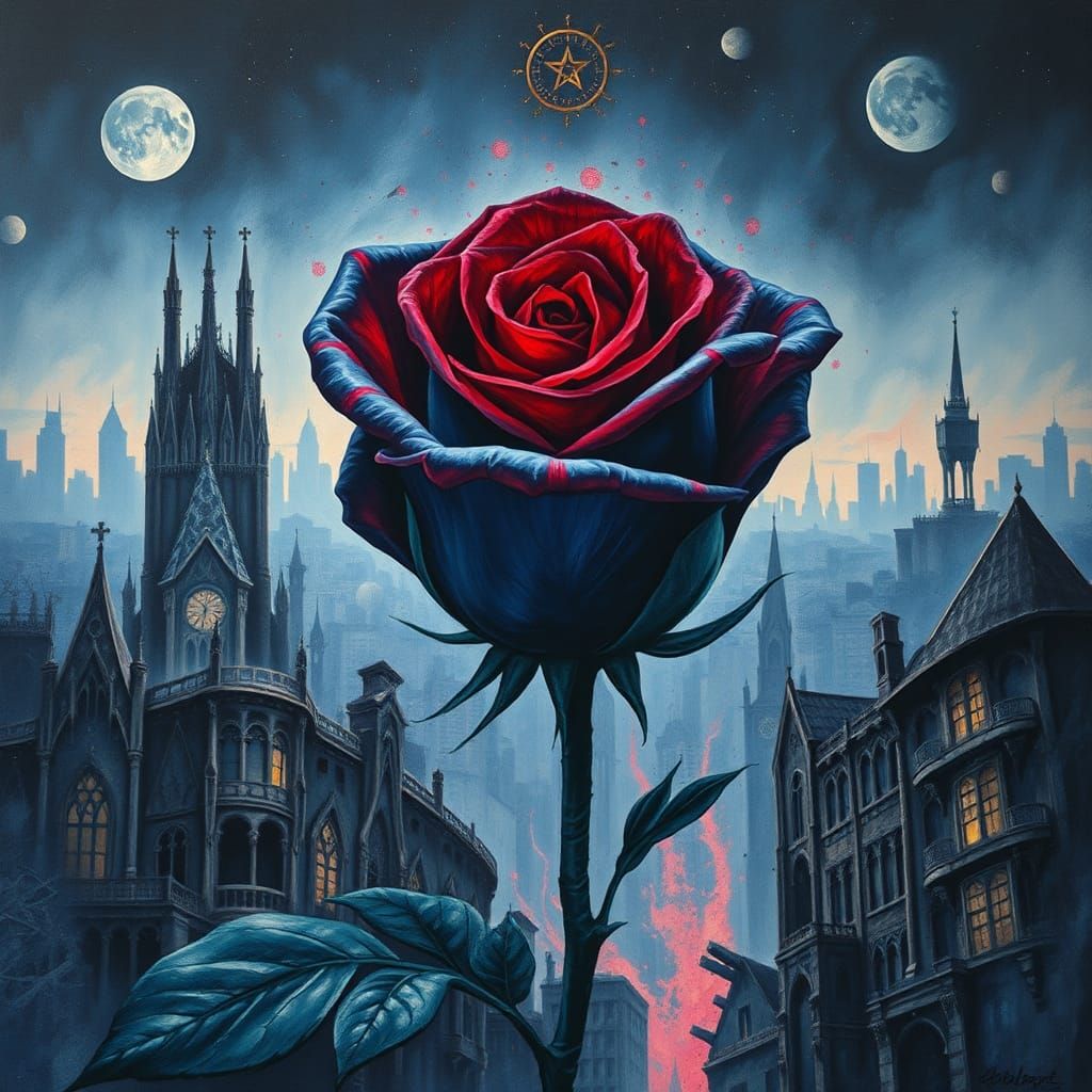 Blue Rose in Dystopian City, Automatism Style