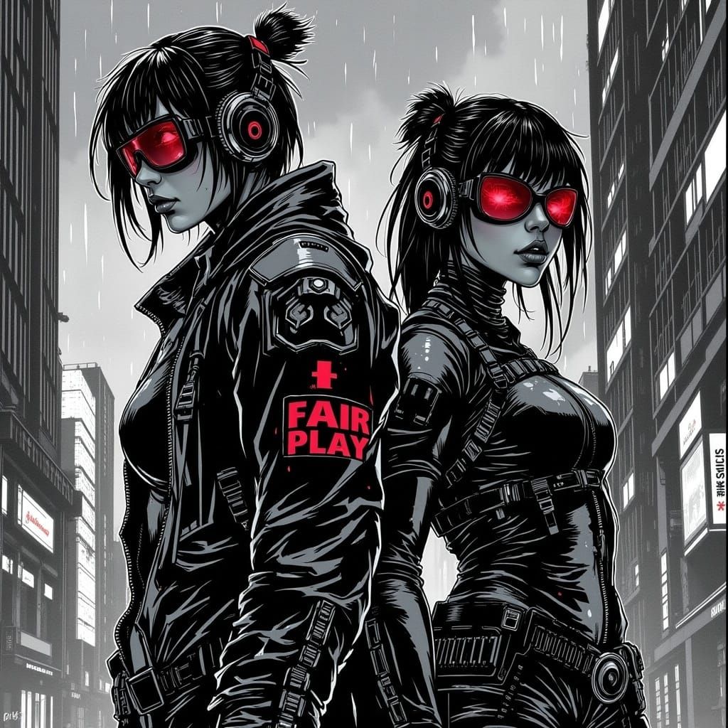 Cyberpunk Heroes Stand Tall in Rainy Cityscape