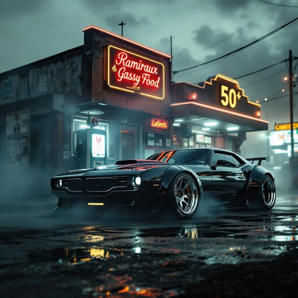 Sleek Chopped Car in Retro Gas Station Scene with Neon Signa...