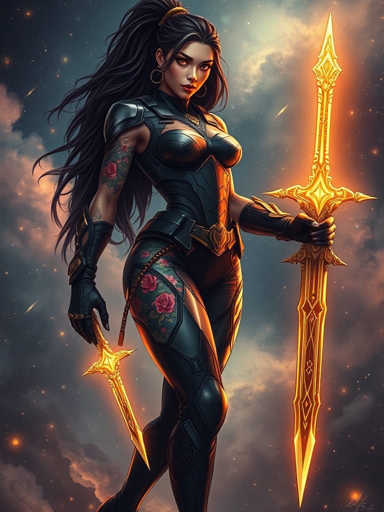 Amazon Warrior with Magic Sword in Cosmic Setting