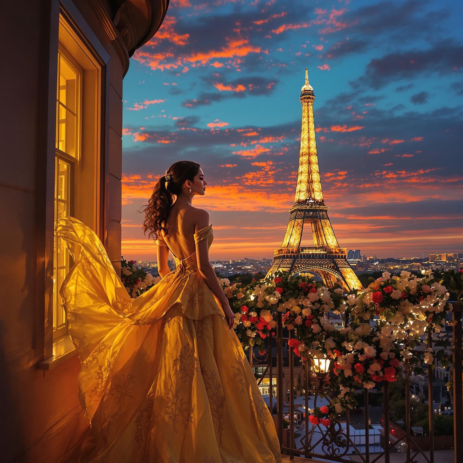 Elegant Parisian Beauty Against the Golden Eiffel Tower