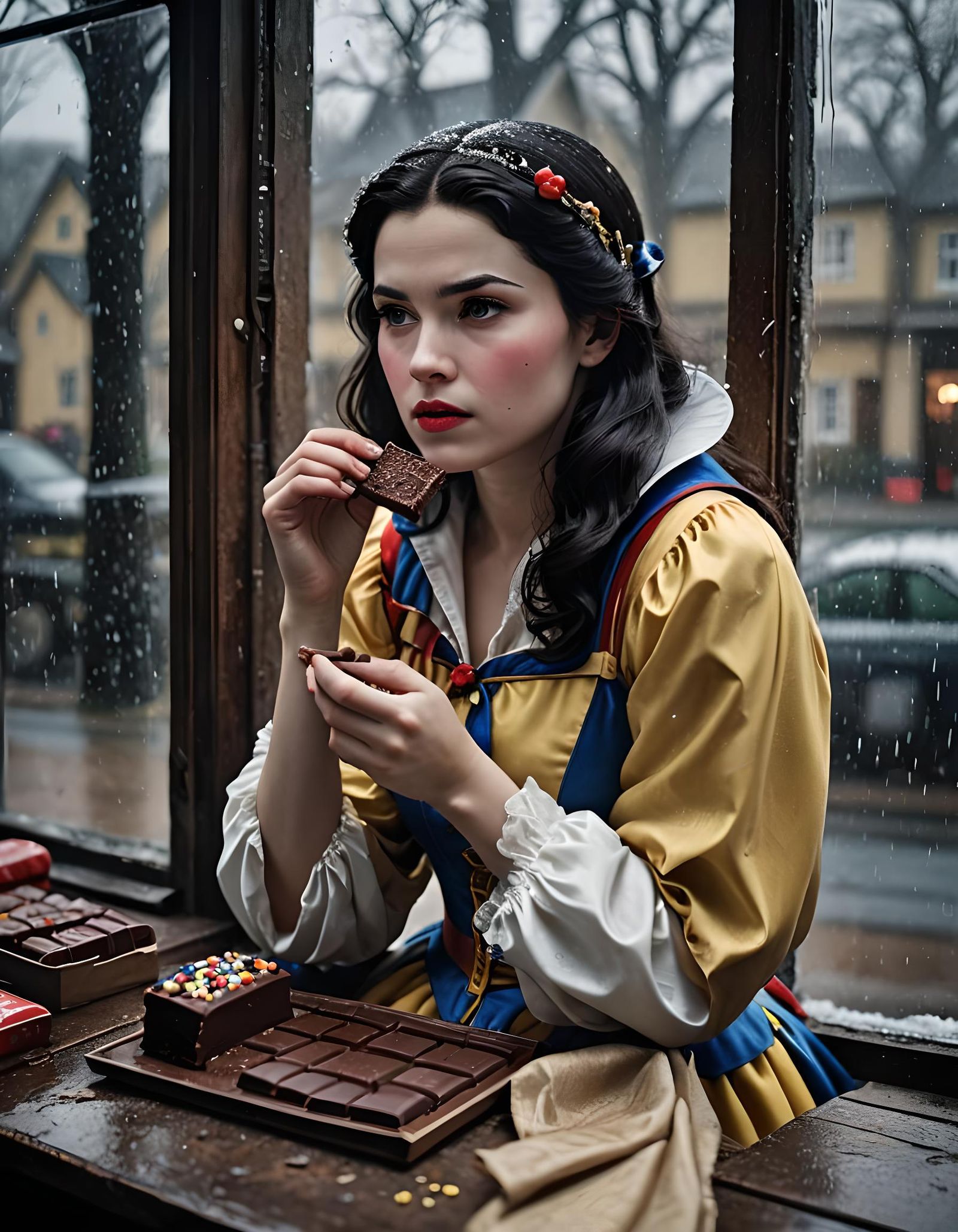 Hyperrealistic Portrait of Snow White Eating Chocolate