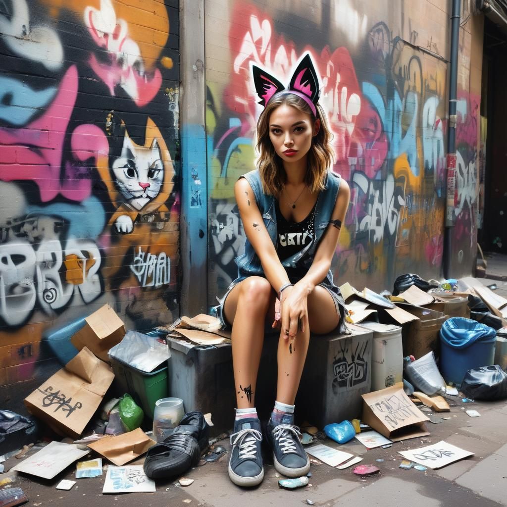 Pop Surrealist Graffiti Art: Cat Girl in Alleyway