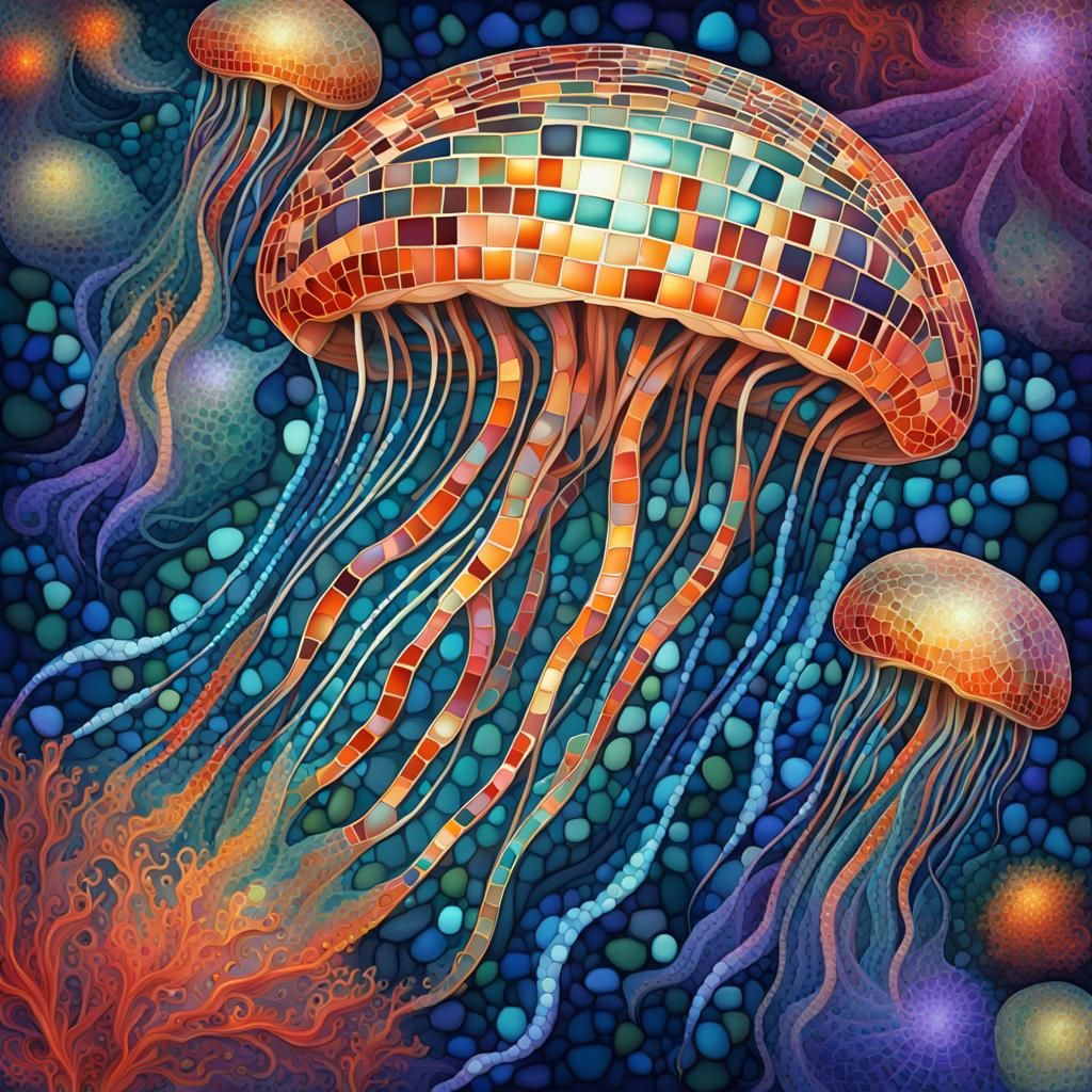 Iridescent Jellyfish Mosaic in Deep Colors