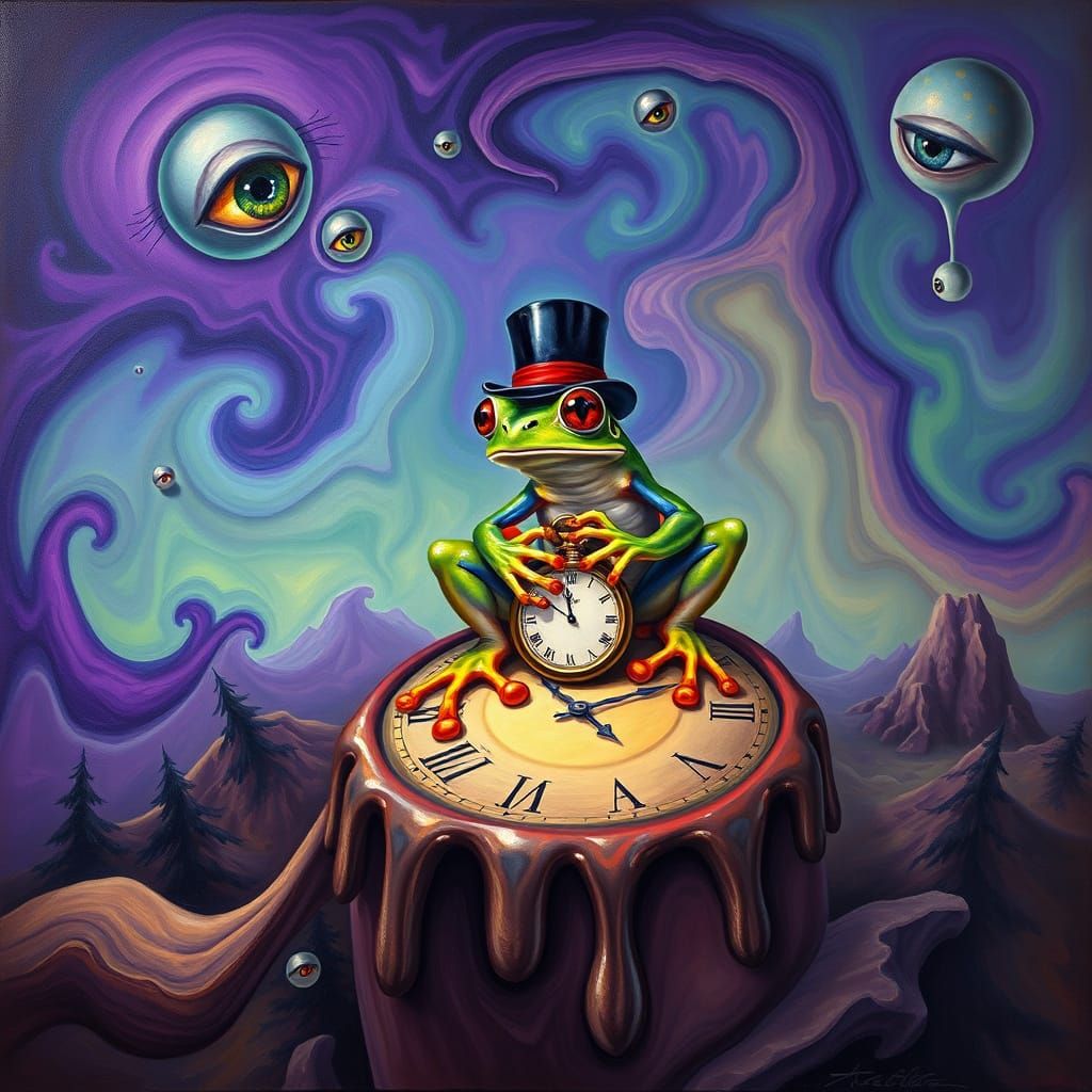 Surreal Bioluminescent Frog on Melting Clock, Oil on Canvas