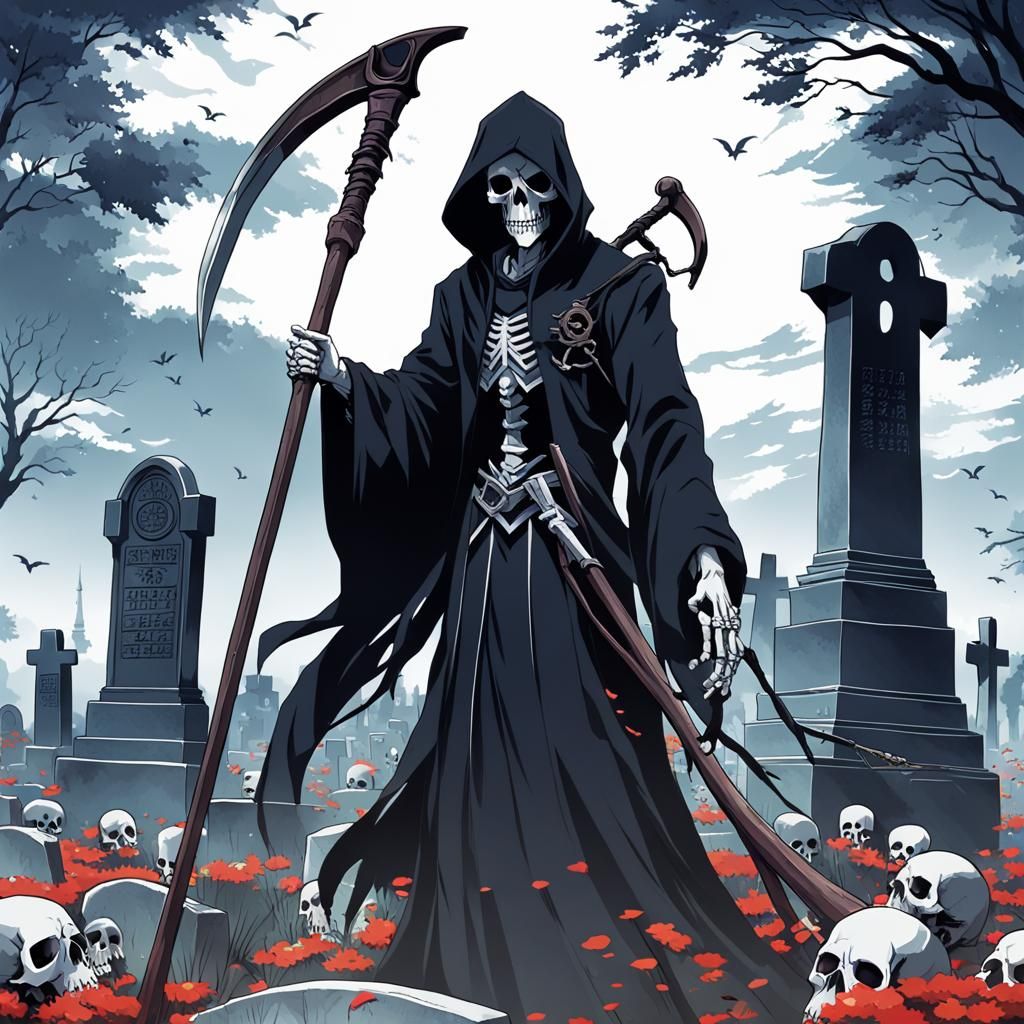 Anime-Style Grim Reaper with Scythe in Cemetery