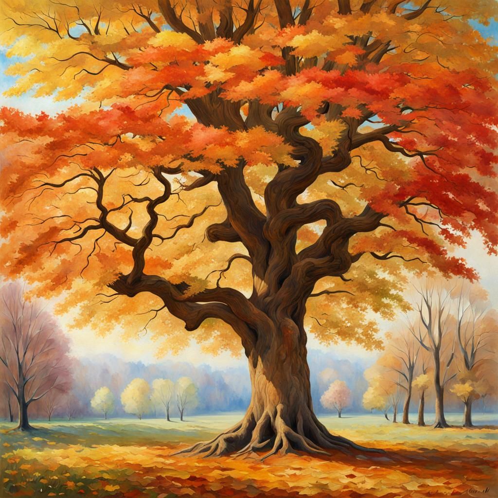 Four Seasons of an Old Maple Tree in Watercolor