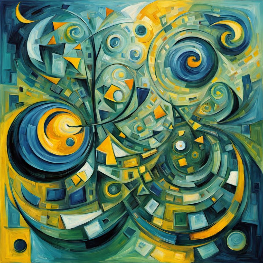 Vibrant Cubist Masterpiece in Swirling Blue, Green, and Yell...