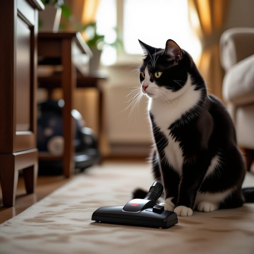 Tuxedo Cat Confronts Vacuum Cleaner in Bokeh Photography