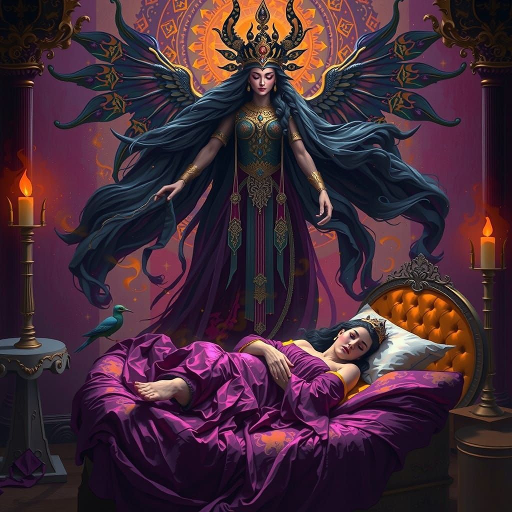 Regal Red Tara Goddess in Mystical Bedchamber