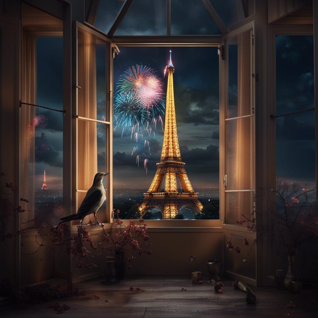 Bird on Terrace Window with Eiffel Tower Fireworks