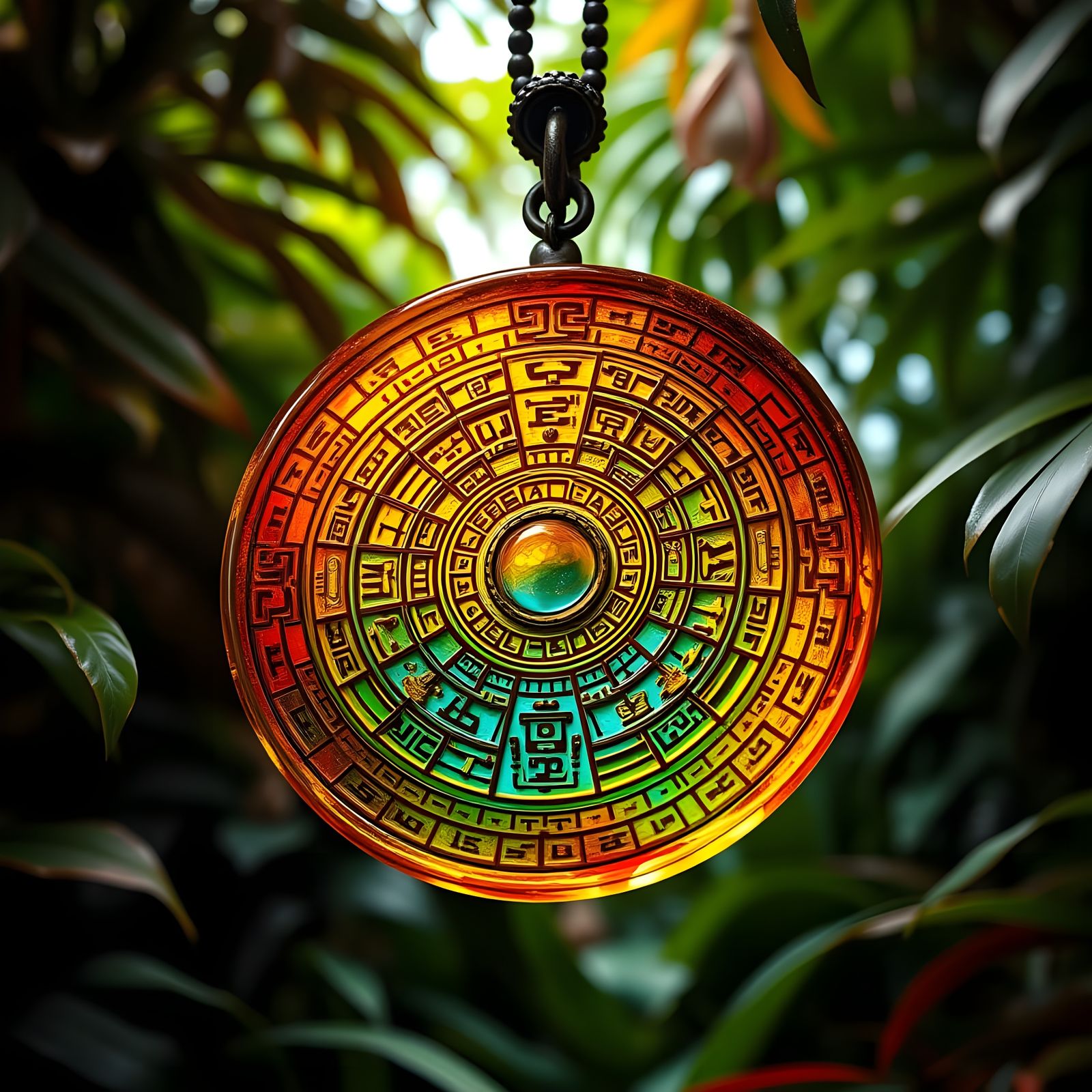 Vibrant Mayan Calendar Pendant in Amber Resin