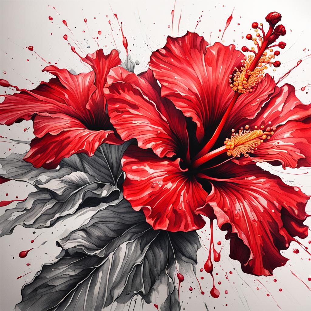 Detailed Ink Drawing of Red Hibiscus Flower