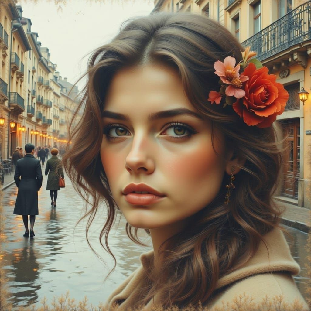 Double Exposure Portrait Over Vintage City Street