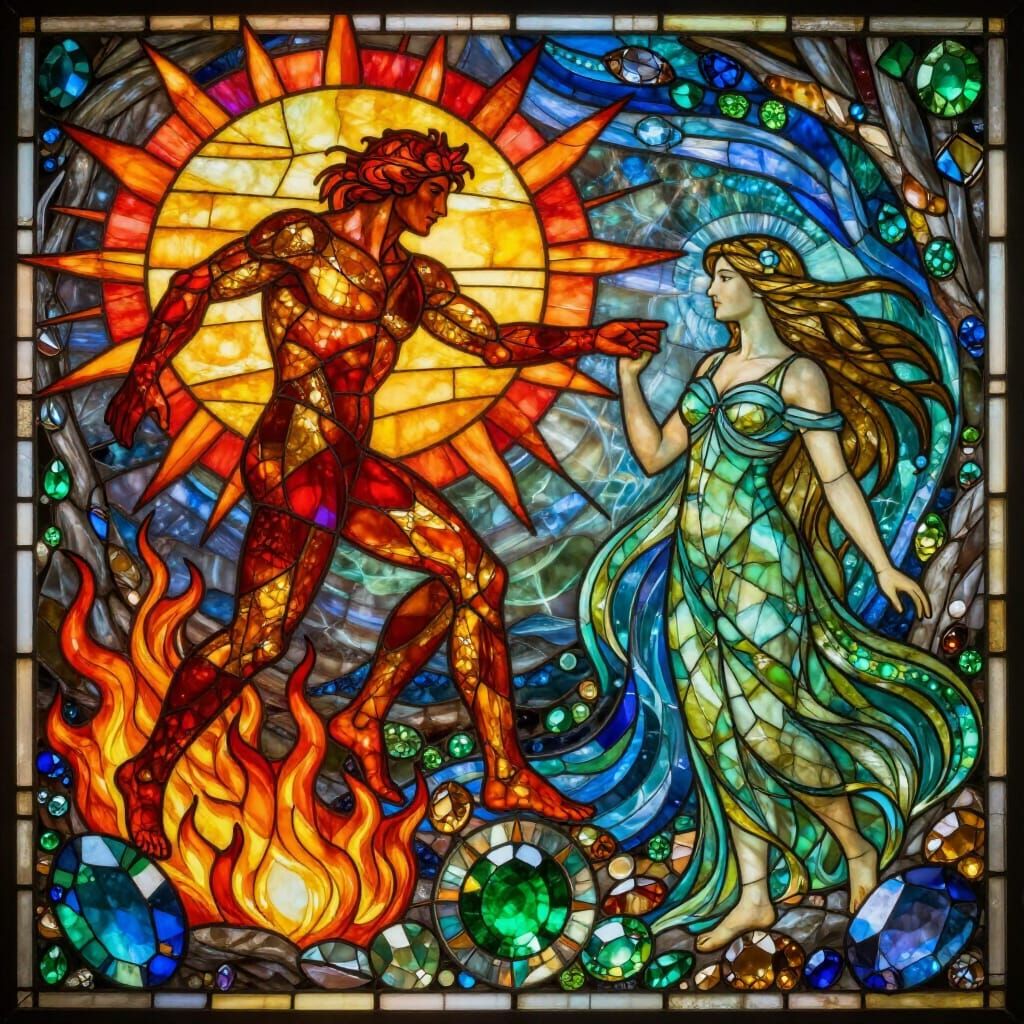 Alchemical Figures in Luminous Stained Glass