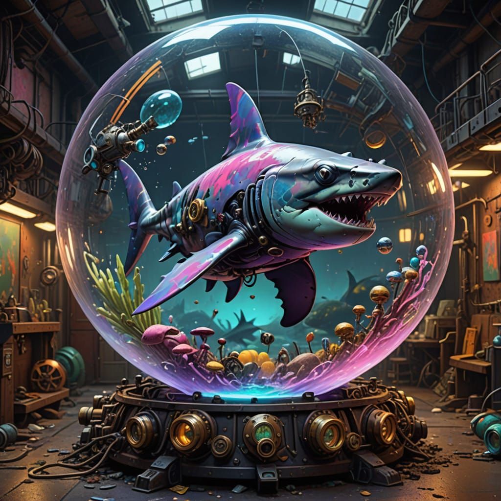 Steampunk Shark Rides Pineapple Creature Through Underwater....