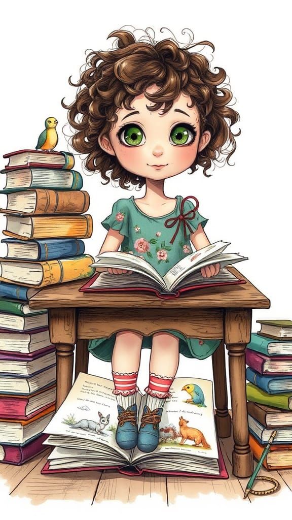 sketch style illustration of a quirky whimsical little girl with an open book on a desk, surrounded by stacks of books ,...