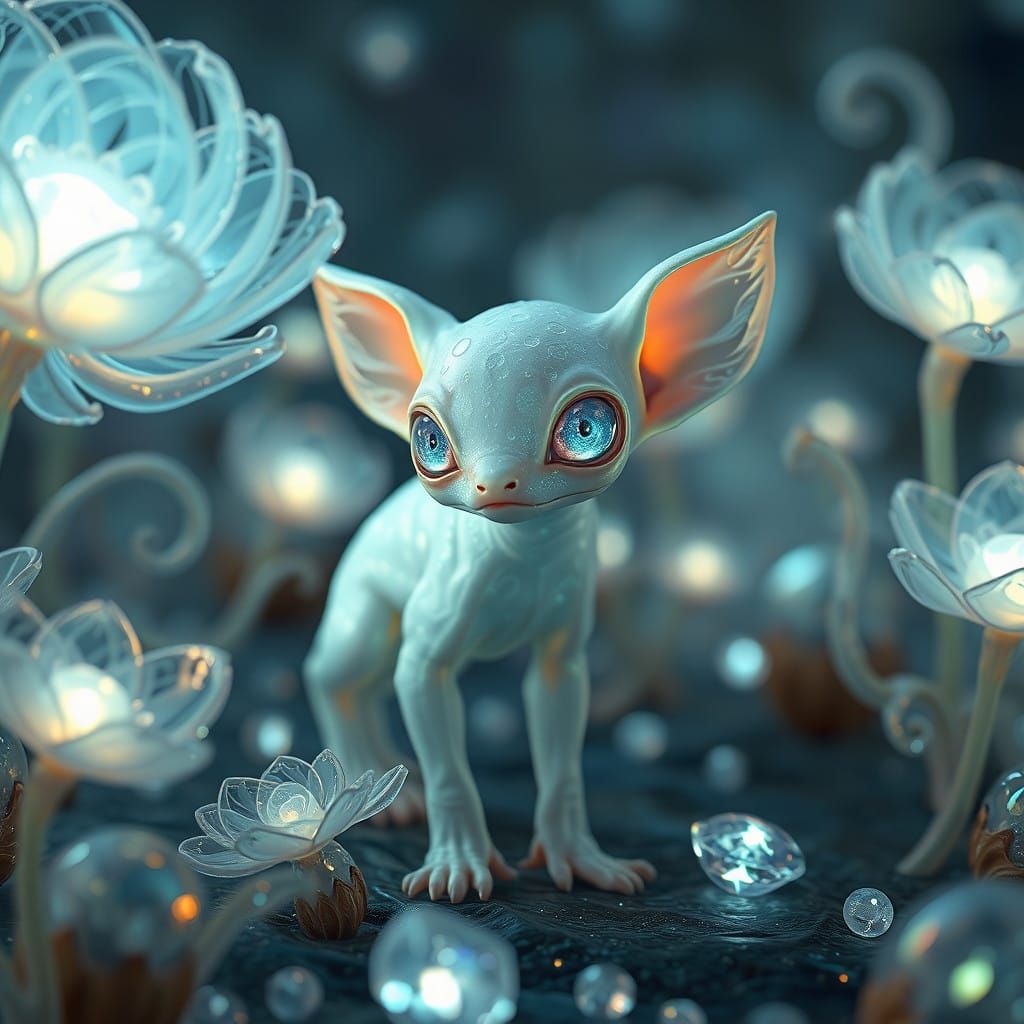 A wonderful delicate, hairless albino creature with translucent detailed glassy eyes that shimmer like shiny  opals, sur...