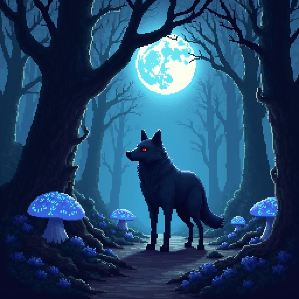 Wolf in Mystical Forest: 8-Bit Pixel Art